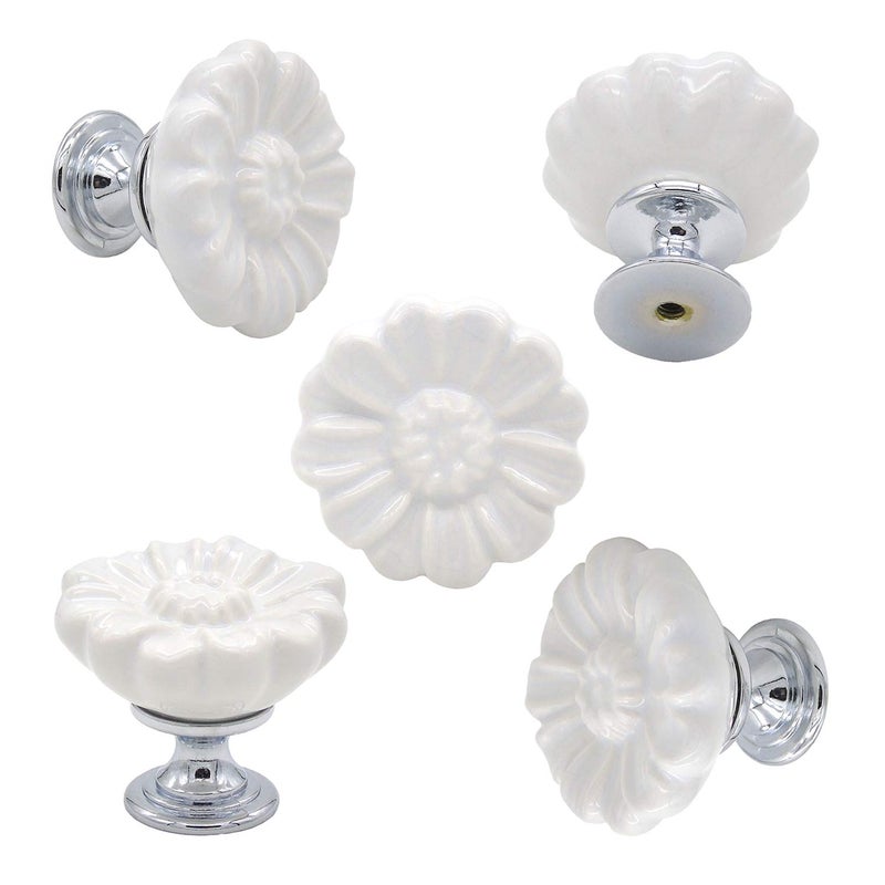 Tecrio 6PCS Vintage Floral Daisy Ceramic Dresser Drawer Knobs Elegant Cabinet Cupboard Door Hardware Pull Handles w/Screws White - Image 2